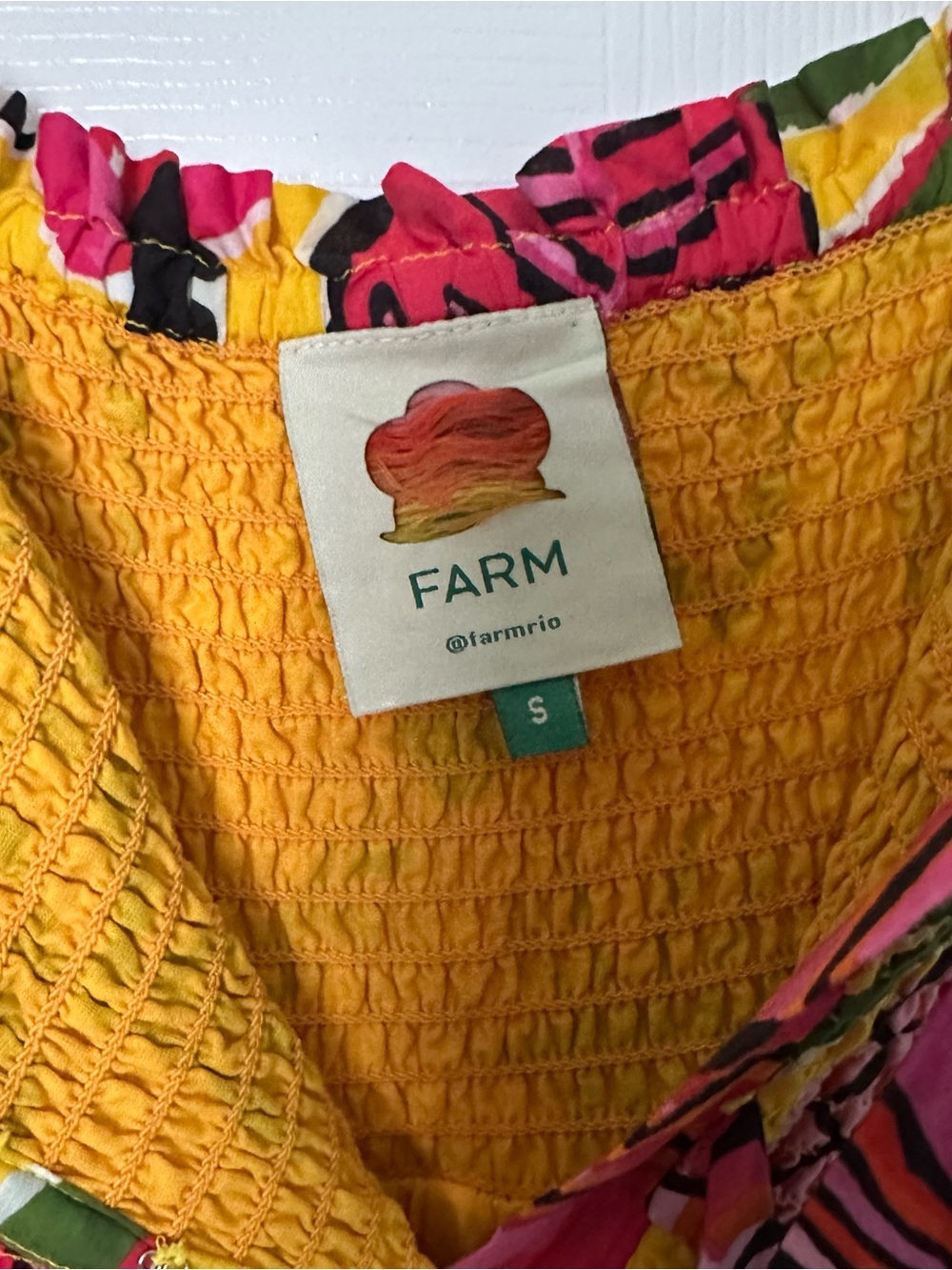 FARM Rio Yellow Smocked Maxi with Pink Floral Trim - Picture 1 of 4